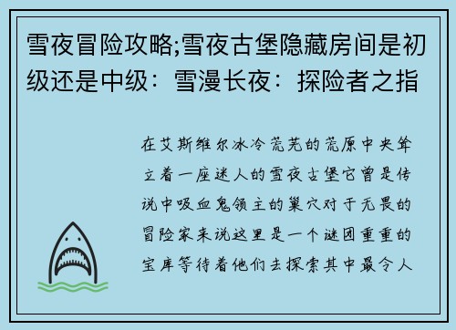 雪夜冒险攻略;雪夜古堡隐藏房间是初级还是中级：雪漫长夜：探险者之指南